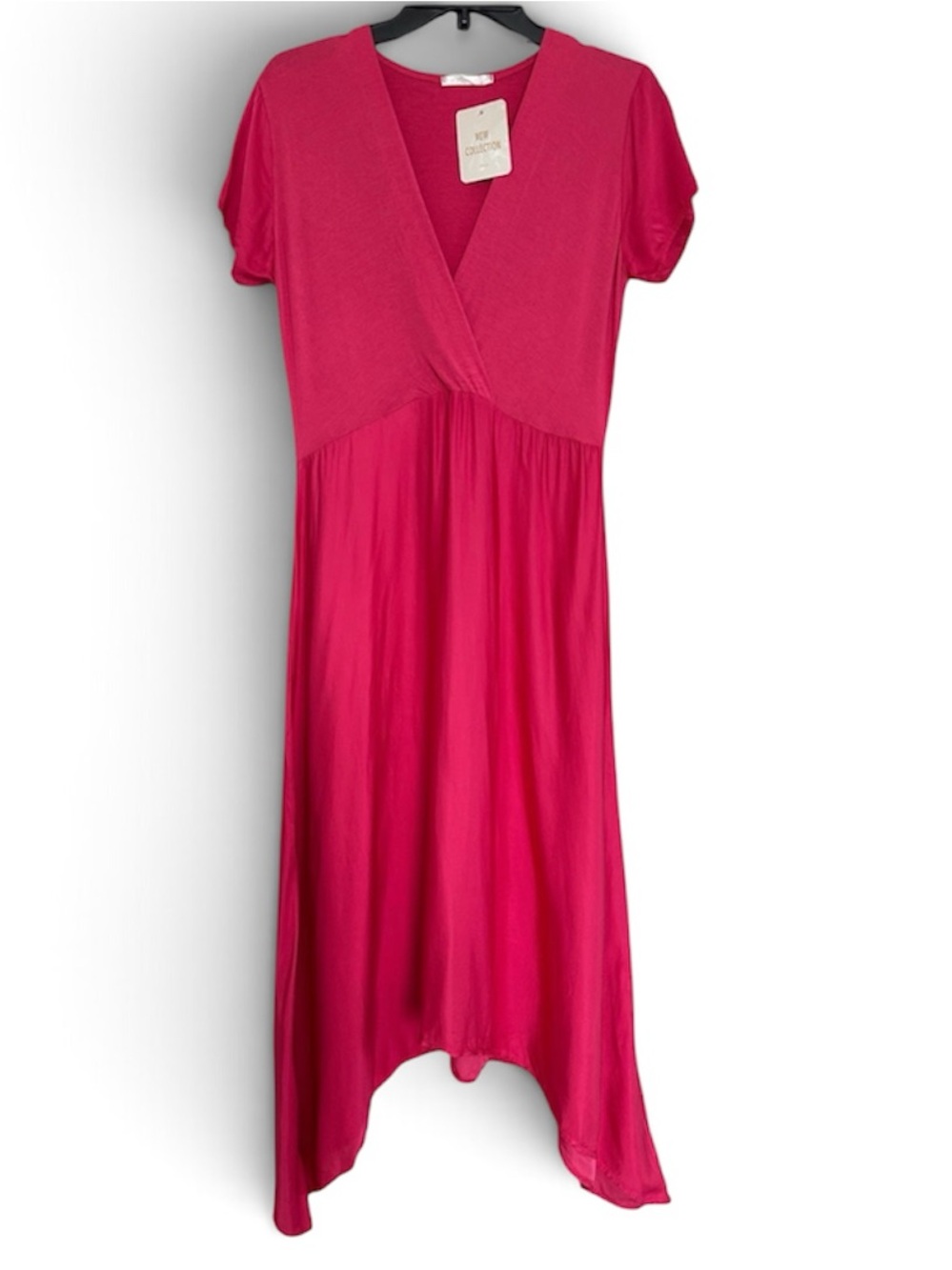 NWT Made in Italy Fuchsia Silk & Viscose Mixed Media Asymmetrical Midi Dress